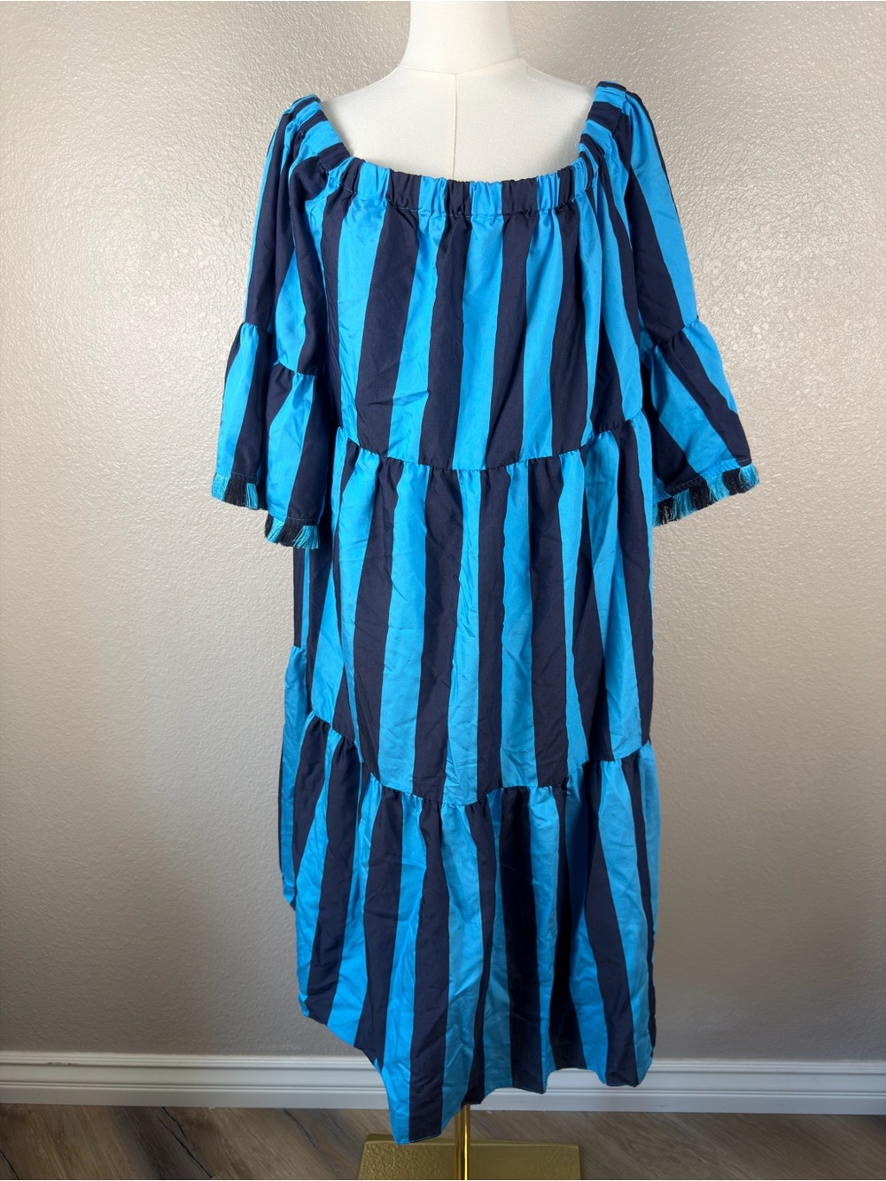 NWT Trina Turk Turquoise and Navy Off-Shoulder Striped Tiered Beach Dress, XL - Picture 7 of 8